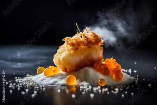 Molecular cuisine take on fish and chips with crispy potato foam and a sous-vide fish filet. AI generative image