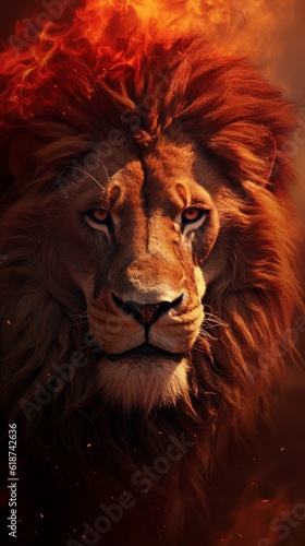 The Lion King amidst a fiery landscape. The Lion King in Bright Fire. The Lion King stands proudly with a majestic mane and a powerful gaze. Generative AI
