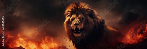 The Lion King amidst a fiery landscape. The Lion King in Bright Fire. The Lion King stands proudly with a majestic mane and a powerful gaze. Generative AI © BraveSpirit