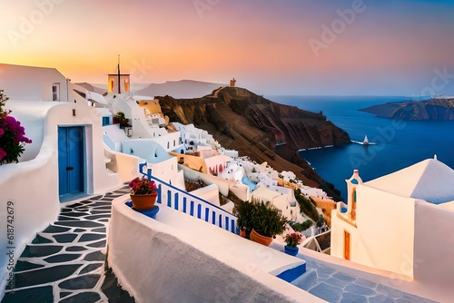 Sunny morning view of Santorini island. Picturesque spring sunrise on the famous Greek resort Oia, Greece, Europe. Traveling concept background. Artistic style post processed photo