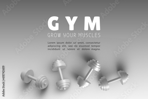 Banner with barbells dumbbells fitness realistic three-dimensional composition on pink background, crossfit logo