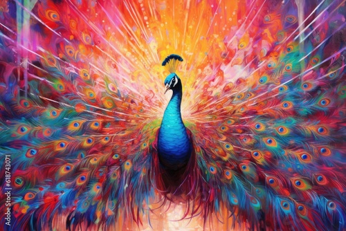 peacock  form and spirit through an abstract lens. dynamic and expressive peacock print by using bold brushstrokes, splatters, and drips of paint.  peacock raw power and untamed energy