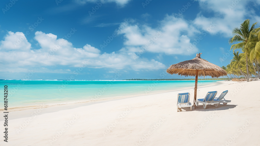 Beach chairs with umbrella and beautiful sand beach in Punta Cana, Dominican Republic. Panorama of tropical beach with white sand and turquoise water. Travel summer holiday background concept