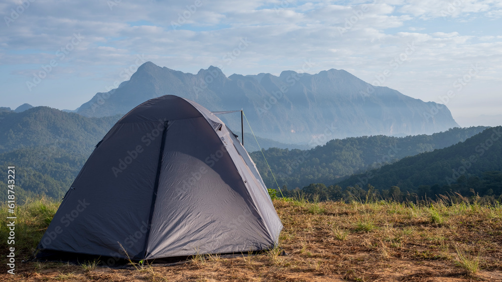 Tent camping with mountain view on a holiday