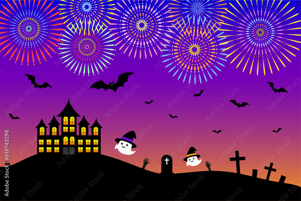 Bats flying in the evening sky and fireworks exploding. Happy Halloween concept.