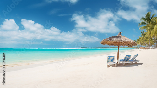 Beach chairs with umbrella and beautiful sand beach in Punta Cana, Dominican Republic. Panorama of tropical beach with white sand and turquoise water. Travel summer holiday background concept © Seption Plus