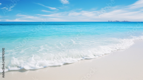 Panorama of a beautiful white sand beach and turquoise water in Maldives. Holiday summer beach background. Wave of the sea on the sand beach