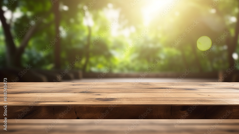 Wooden board empty table top on of blurred background. Perspective brown wood table over blur in Party garden background Wooden board empty table top on of blurred background. Perspective brown wood table over blur in Party garden background