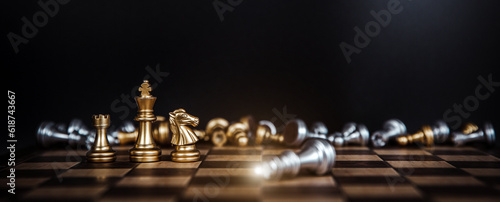 King chess pieces stand win with teamwork on falling chess concept of team player or business team and leadership strategy or strategic planning and human resources organization risk management.
