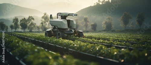 Agriculture with the help of robots in the field. Generative AI photo