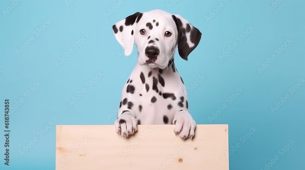 Dalmatian puppy holding up a blank whiteboard on isolated pastel color background, generative AI