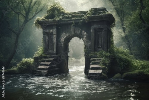 Stone gate arch river. Generate Ai photo