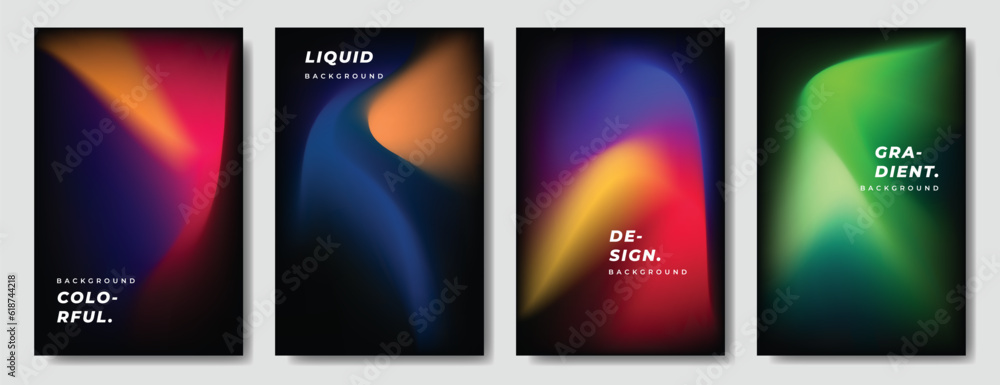 Colorful fluid and wavy gradient mesh background template copy space set. Dynamic colour gradation flow backdrop design for poster, banner, flyer, magazine, cover, brochure, festival, or event. - obrazy, fototapety, plakaty 