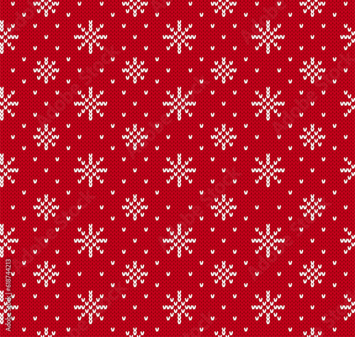 Christmas seamless background. Knitted Xmas sweater texture. Festive print with snowflakes. Knit winter red pattern. Holiday fair traditional ornament. Vector illustration.