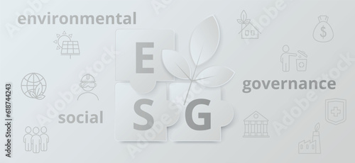 ESG banner paper cut style. Environment, Social, Governance. Ecological concept with puzzles and leaves. Info-banner of a company that cares about solving environmental, social and management problems