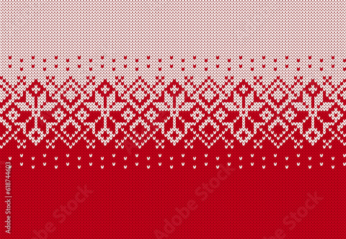 Red and white Christmas seamless ornament. Red knitted geometrical pattern. Fair isle traditional holiday background. Xmas print border. Festive sweater. Vector illustration.