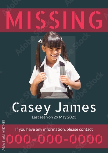 Composite of missing poster of biracial teenage girl, casey james with her information and number