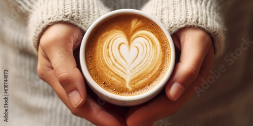 Female hands holding a cup of coffee with heart foam. Top view of a table in a cafe. Warm time in autumn. Hot coffee with a heart. (top view), generative ai