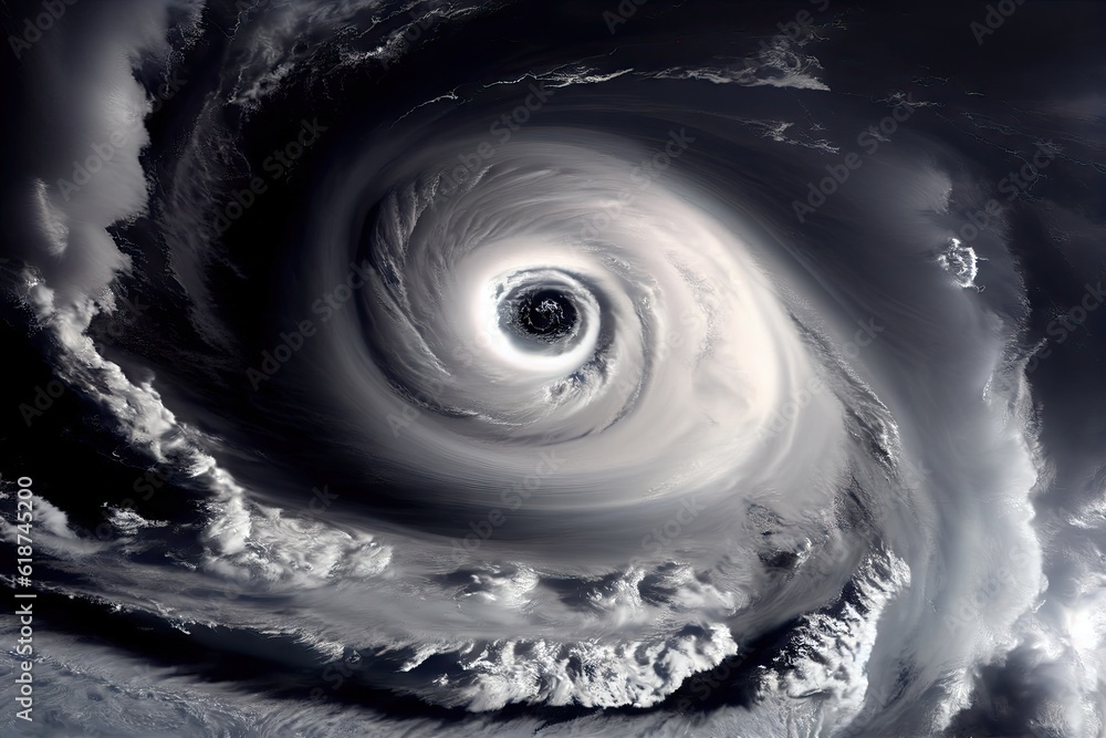 hurricane with powerful winds and thunderstorms visible in the eye, created with generative ai
