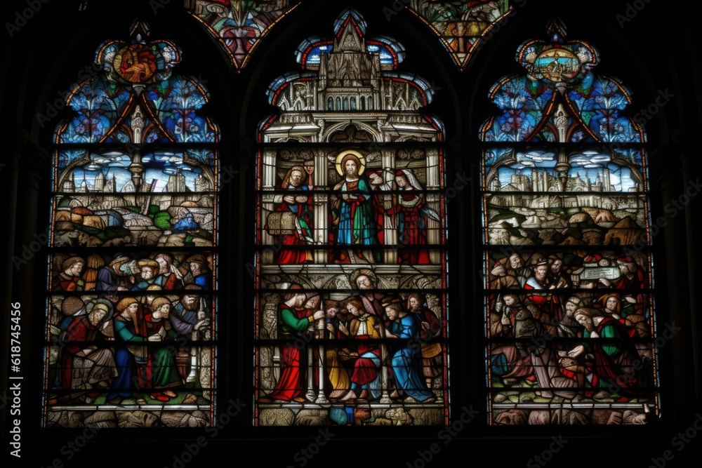 stained glass window depicting a scene from the bible, with figures and symbols visible, created with generative ai