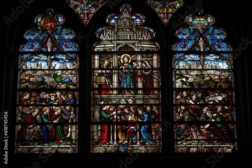 stained glass window depicting a scene from the bible, with figures and symbols visible, created with generative ai
