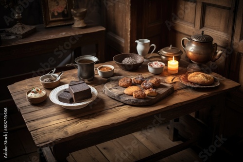 a rustic wooden table  set with a plate of sweet treats and a steaming teapot  created with generative ai