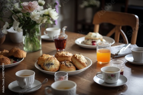 table setting with cups of tea, scones, and muffins, created with generative ai
