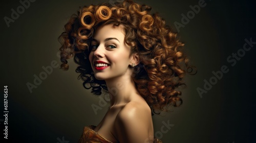 Woman with curly red hair and a golden dress smiling - Ai generated