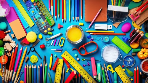A vibrant assortment of school supplies including notebooks, pencils, and rulers, neatly arranged. Generative AI.
