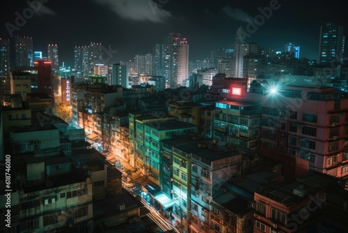 nighttime cityscape, with colorful lights shining and illuminating the streets, created with generative ai