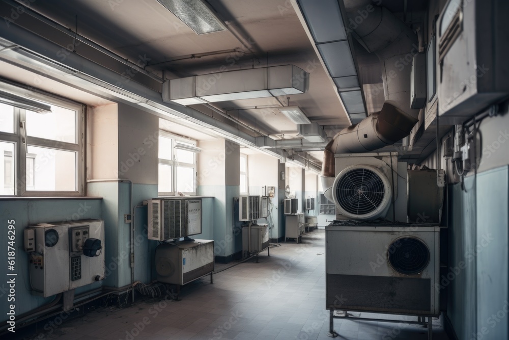 ventilation and exhaust system in a bustling hospital, with the hum of