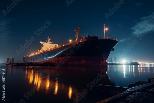 Tanker night lights port. Generate Ai