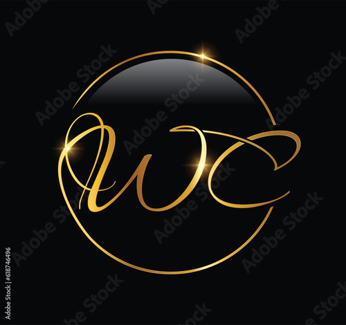 A vector illustration A vector illustration of Golden wc Monogram Initial Letters Logo in black background with gold shine effect © Ginatra Design