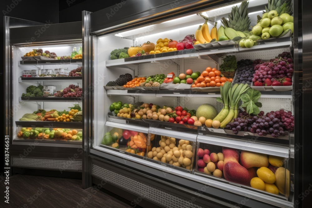 view of walk-in refrigerator filled with fresh fruits and vegetables, created with generative ai
