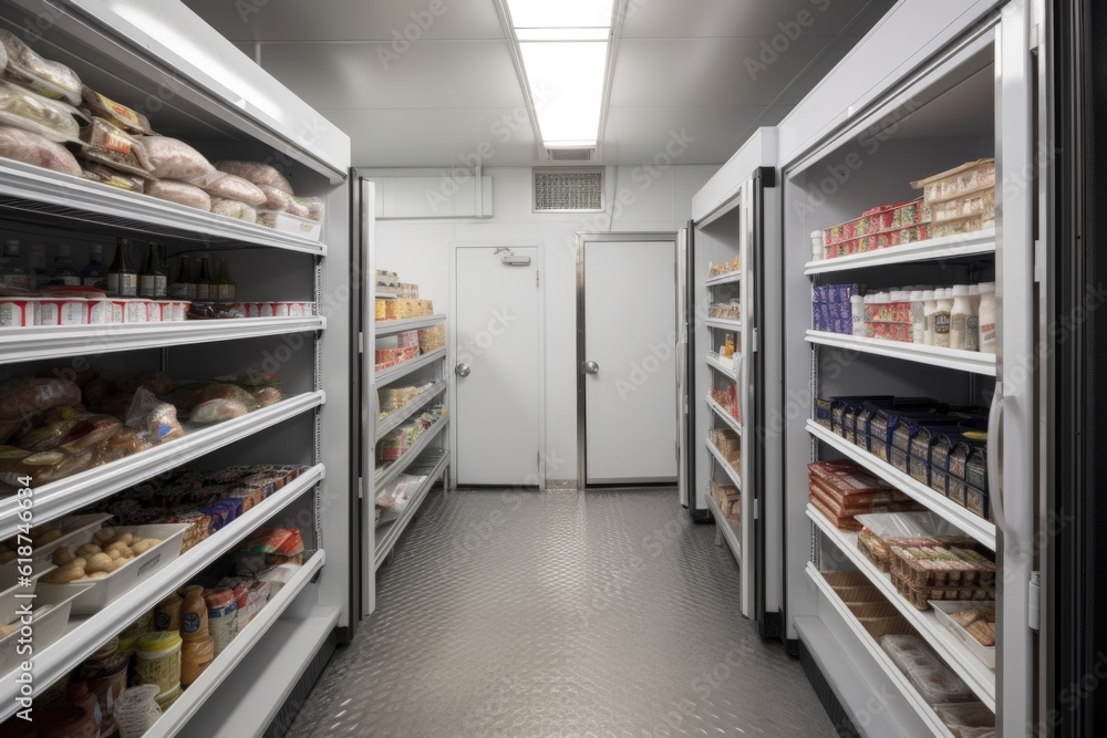 walk-in freezer with shelves stocked with frozen foods and drinks, created with generative ai