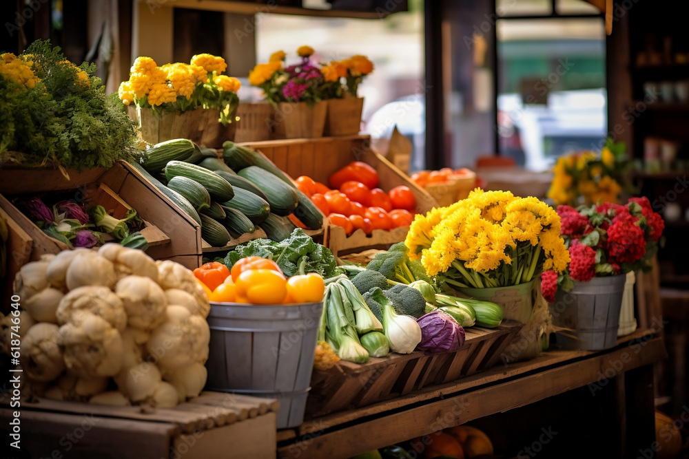 Farmers market stall with colorful fruits, vegetables, and flowers, showcasing the abundance and freshness of seasonal produce
