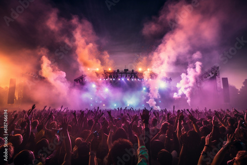 outdoor music festival with a crowd of people and colorful stage lights