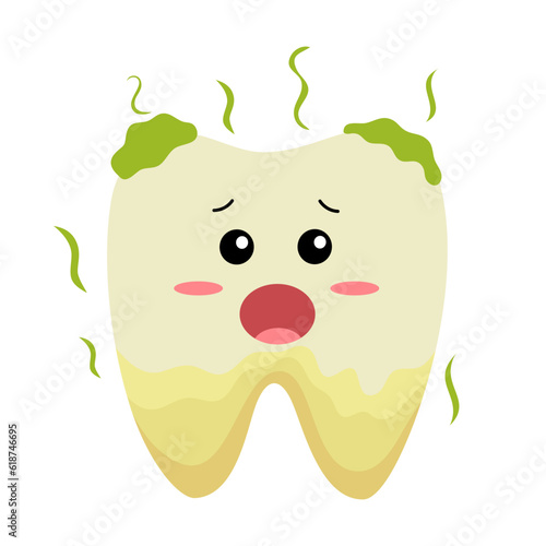 Dirty and smelly tooth cartoon character in flat design on white background.