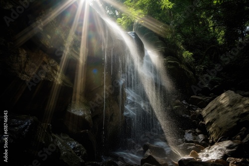 sunbeams dappling the surface of a crystal-clear waterfall  created with generative ai
