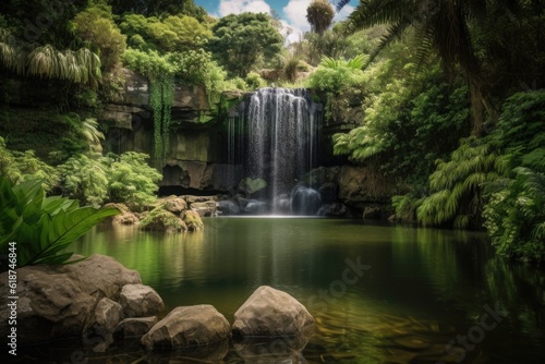 majestic waterfall cascading into tranquil pond, surrounded by greenery, created with generative ai