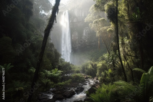 majestic waterfall, with the mist rising into the air and the surrounding forest visible, created with generative ai