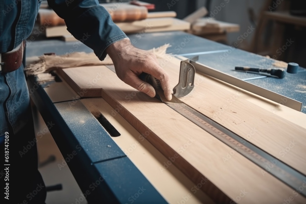woodworker, sawing board to precise measurements with calibrated saw, created with generative ai woodworker, sawing board to precise measurements with calibrated saw, created with generative ai