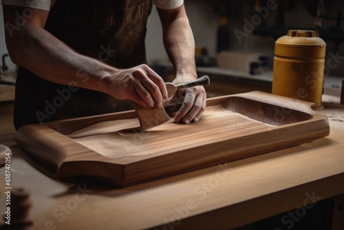 woodworker sanding and finishing a wooden tray, created with generative ai