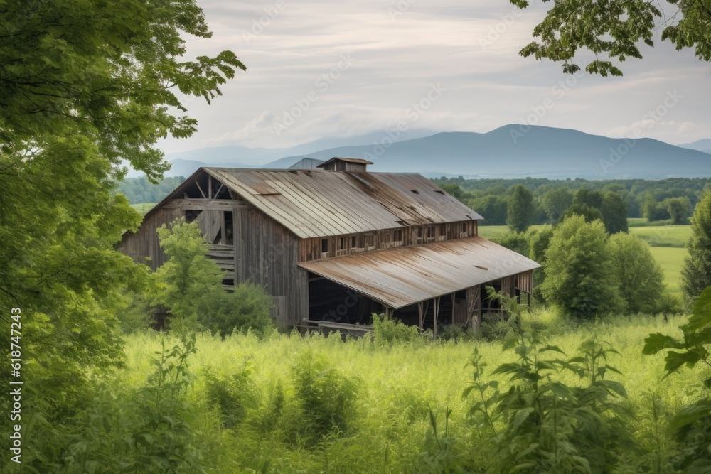 rustic barn, surrounded by lush greenery and wildlife, with view of distant mountain range in the background, created with generative ai