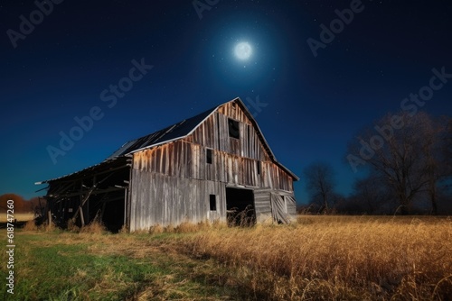 rustic barn with full moon shining in the night sky, created with generative ai