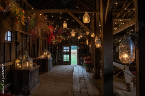 hanging lanterns and twinkling lights illuminate the barn for a festive event, created with generative ai