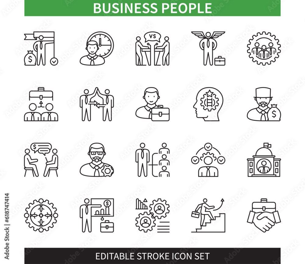 Editable line Business People outline icon set. Career, Business Meeting, Authority, Competitors, Manager, Organization, Cooperation, Job. Editable stroke icons EPS