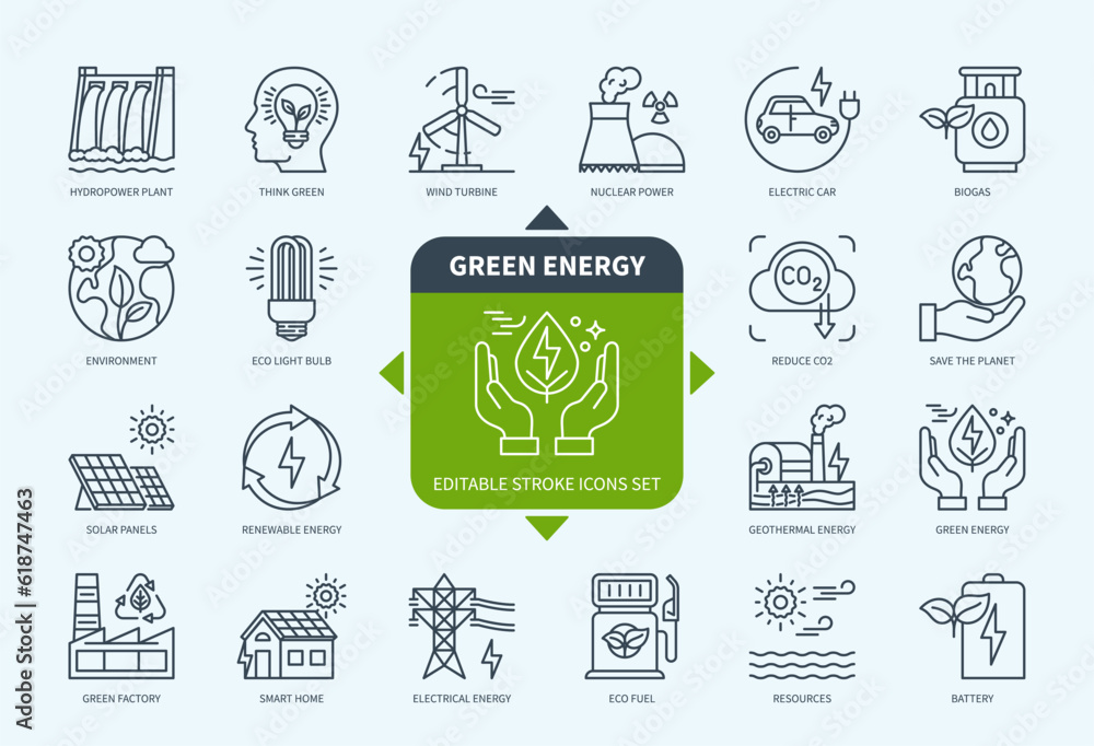 Editable line Green Energy outline icon set. Nuclear Power, Solar Panels, Wind Turbine, Battery, Biogas, Geothermal Energy. Editable stroke icons EPS Editable line Green Energy outline icon set. Nuclear Power, Solar Panels, Wind Turbine, Battery, Biogas, Geothermal Energy. Editable stroke icons EPS