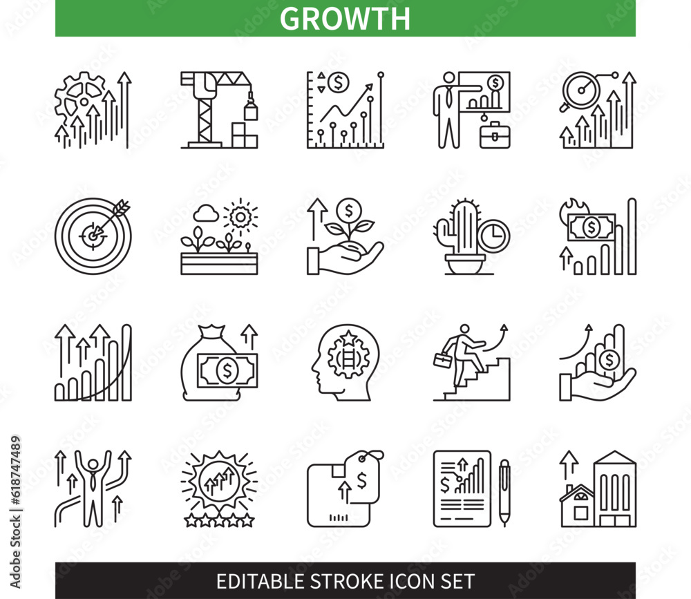 Editable line Growth outline icon set. Development, Motivation, Inflation, Career, Trends, Experience, Investment, Business. Editable stroke icons EPS