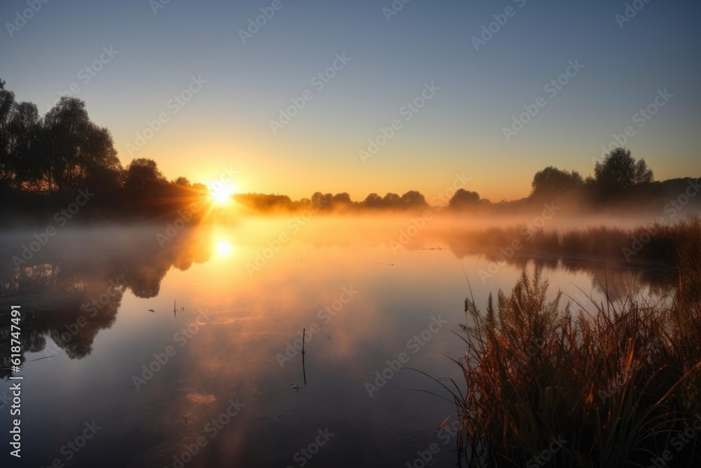 sunrise over tranquil lake, with mist rising from the water, created with generative ai sunrise over tranquil lake, with mist rising from the water, created with generative ai